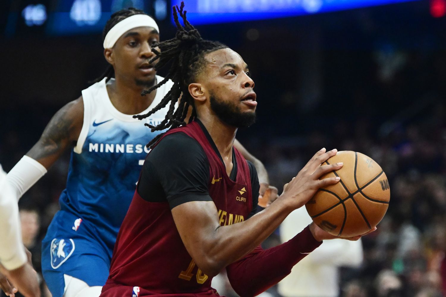 Cleveland Cavaliers guard Darius Garland (10) drives to the basket against against the Minnesota Timberwolves during the first half at Rocket Mortgage FieldHouse in Cleveland on March 8, 2024.